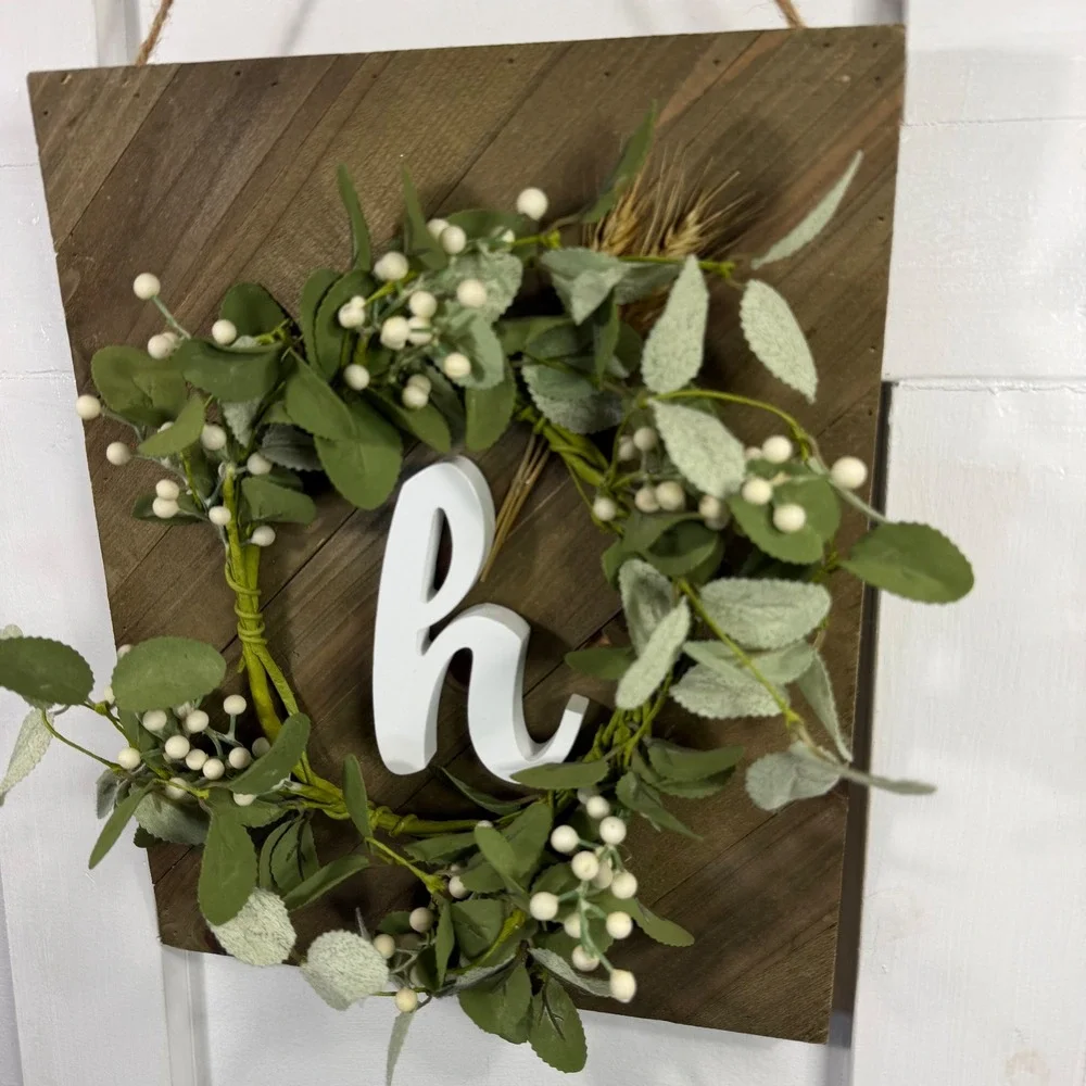 Rustic Handmade Wood Wall Plaque Monogram Letter H Faux Greenery Wreath